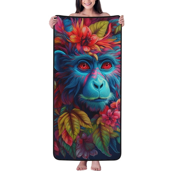 Cotton Bath Towels for Bathroom - Tribal Style Flower Blue Monkey Microfiber Quick Dry Towels for Body Bath Sheets, Personalized Beach Towel, Soft Shower Towels for Travel Home Beach 27*55in