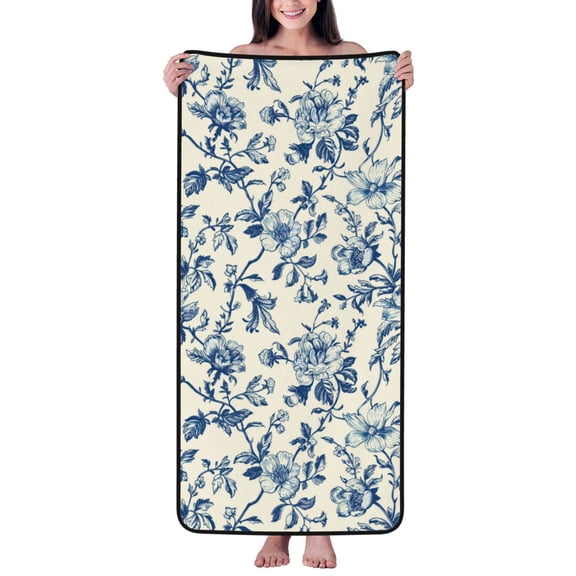 Cotton Bath Towels for Bathroom - Vintage Blue Floral Microfiber Quick Dry Towels for Body Bath Sheets, Personalized Beach Towel, Soft Shower Towels for Travel Home Beach 27*55in