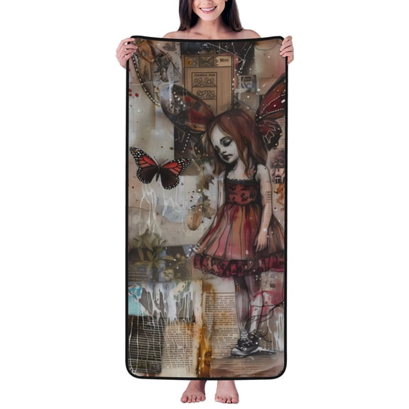 Cotton Bath Towels for Bathroom - Vintage Collage Girl Butterfly Microfiber Quick Dry Towels for Body Bath Sheets, Personalized Beach Towel, Soft Shower Towels for Travel Home Beach 27*55in