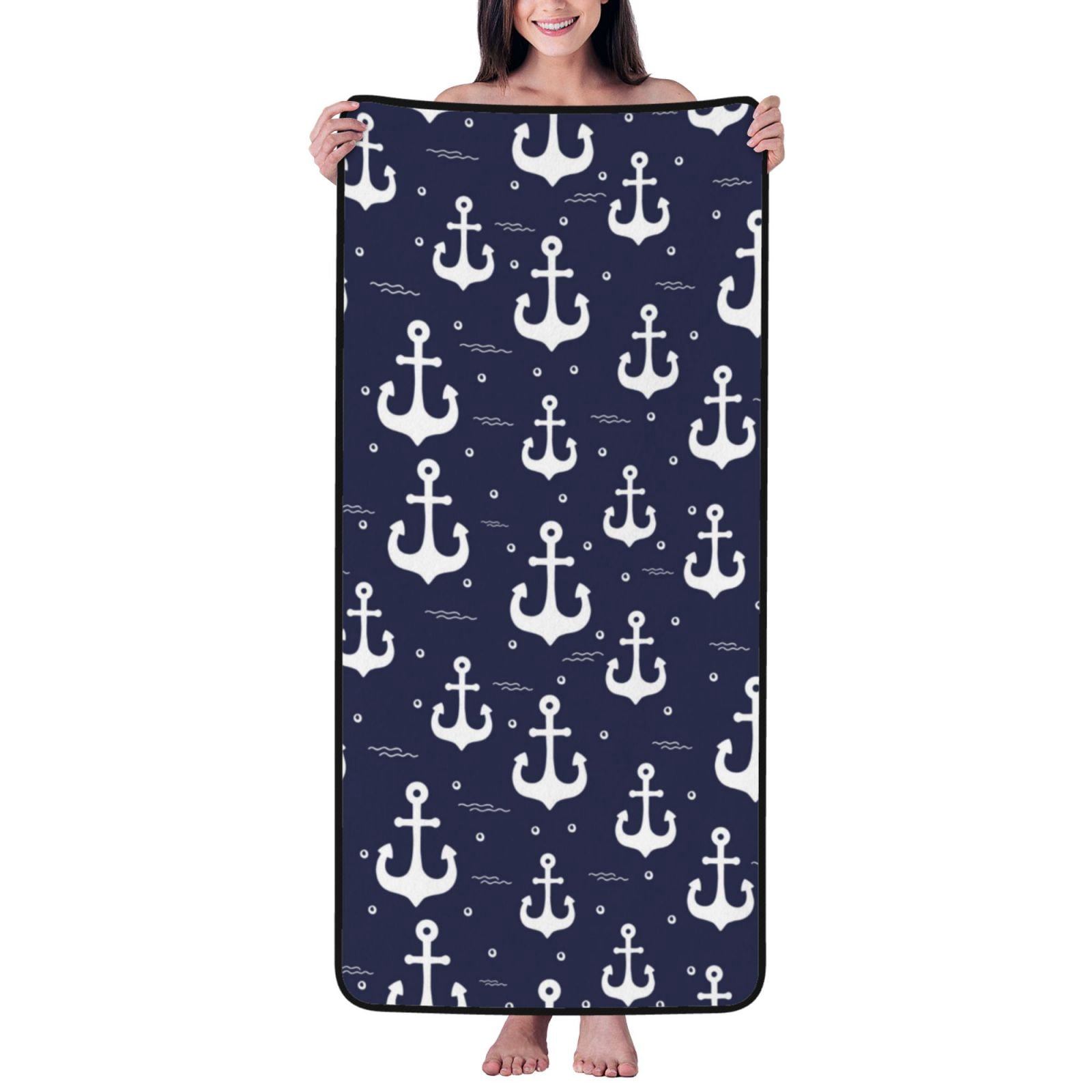 Serviette De Plage Ou De Bain Douce 100% Coton, Motif Pirate Ancre Nautique 71x147 Cm