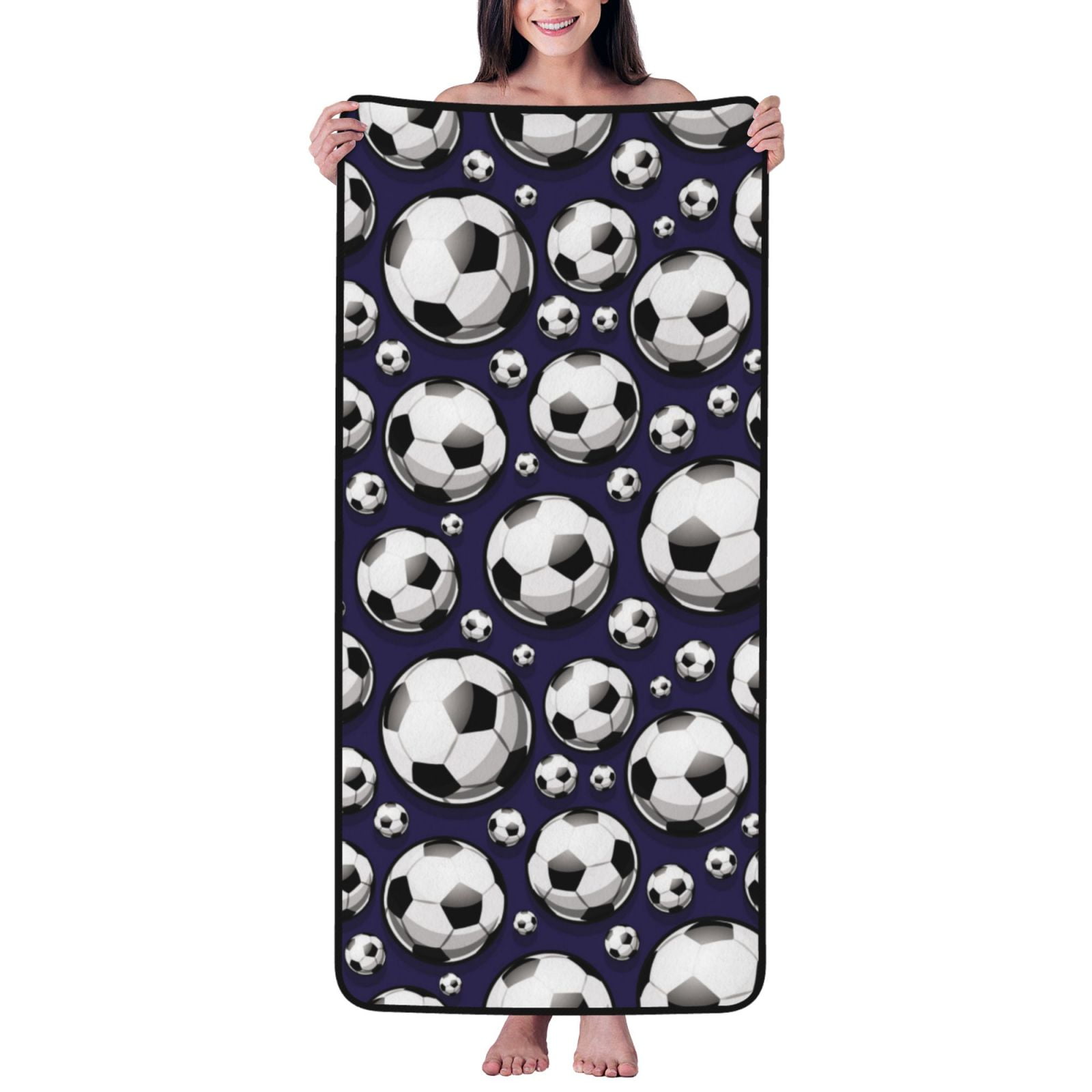 Cotton Bath Towels for Bathroom football soccer ball navyblue