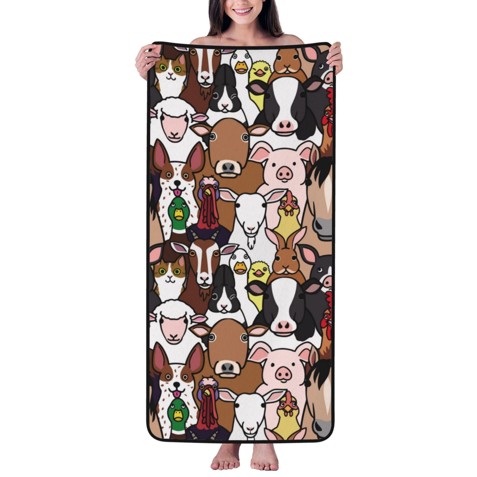 Cotton Bath Towels for Bathroom - funny farm pig cow cat face Microfiber Quick Dry Towels for Body Bath Sheets, Personalized Beach Towel, Soft Shower Towels for Travel Home Beach 27*55in