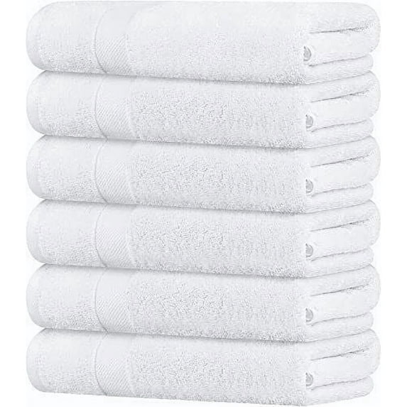 Cotton Bath Towels - Small and Lightweight - 14x29 Inch - 6 Pack - White