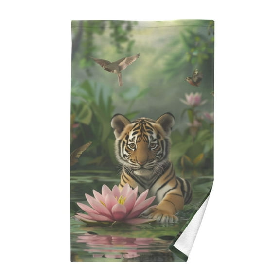 Cotton Bath Towels Soft Face Towel Absorbent Quick Dry Baby Tiger Sits on Leaf 16"x28"