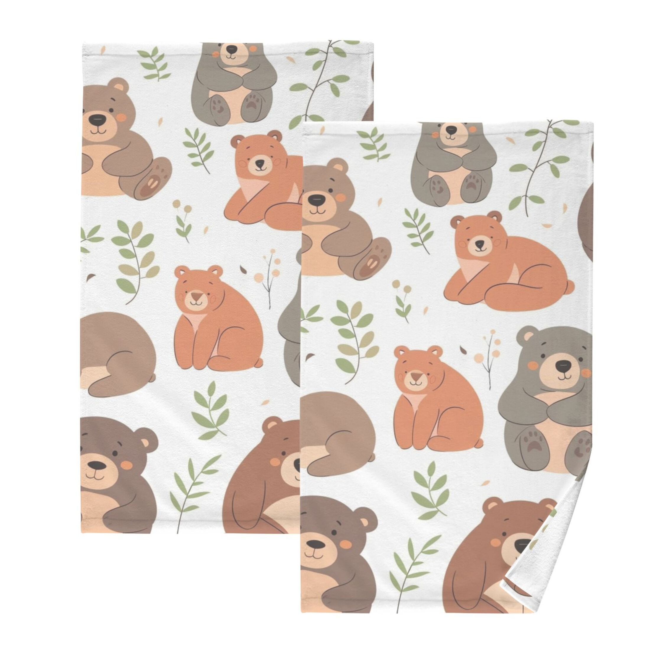 Cotton Bath Towels Soft Face Towel Absorbent Quick Dry Cute Bears with Leaf 16"x28" 2 Pack