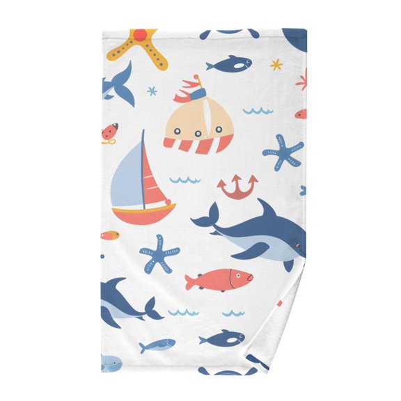 Cotton Bath Towels Soft Face Towel Absorbent Quick Dry Dolphin Sailboat Starfish Fish 16"x28"