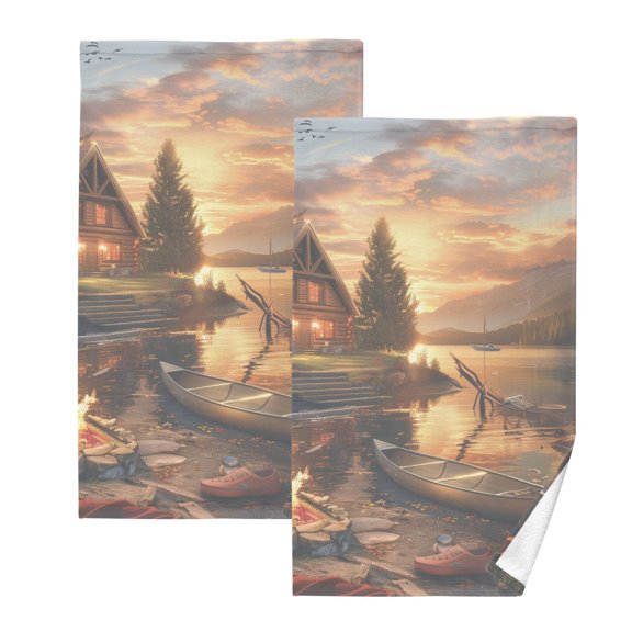 Cotton Bath Towels Soft Face Towel Absorbent Quick Dry Lake House Campfire Boat 16"x28" 2 Pack