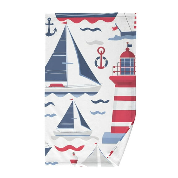 Cotton Bath Towels Soft Face Towel Absorbent Quick Dry Lighthouse Wave Ship 16"x28"