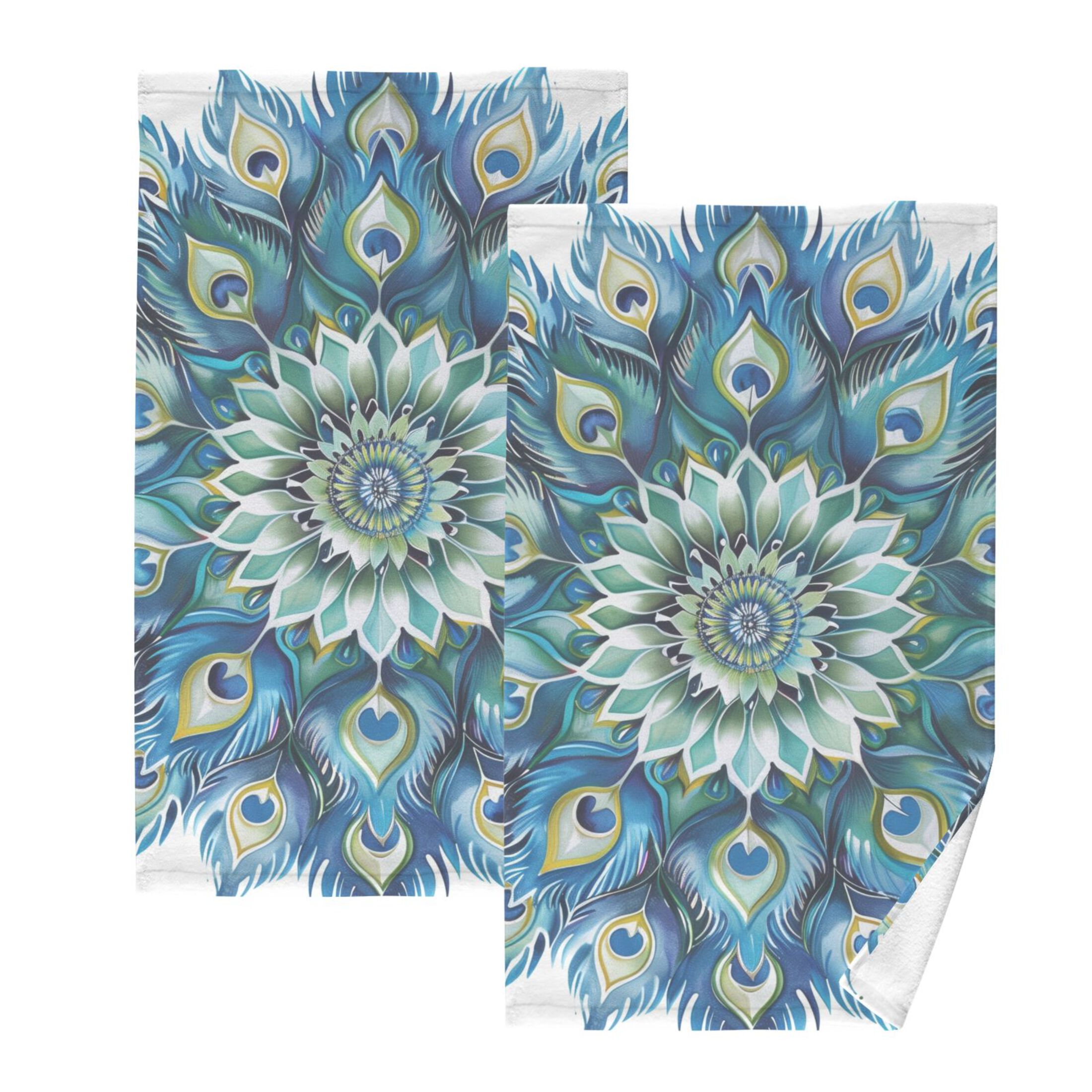 Cotton Bath Towels Soft Face Towel Absorbent Quick Dry Peacock Feathers Mandala 16"x28" 2 Pack