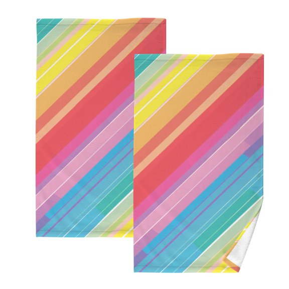 Cotton Bath Towels Soft Face Towel Absorbent Quick Dry Rainbow Lines 16"x28" 2 Pack