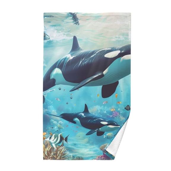 Cotton Bath Towels Soft Face Towel Absorbent Quick Dry Whales Fishes Corals 16"x28"
