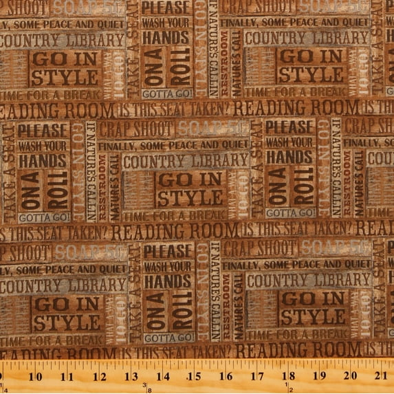Cotton Bathroom Restroom Reading Room Words Phrases Nature's Calling Brown Cotton Fabric Print by the Yard (24041-14LIGHTBROWN)