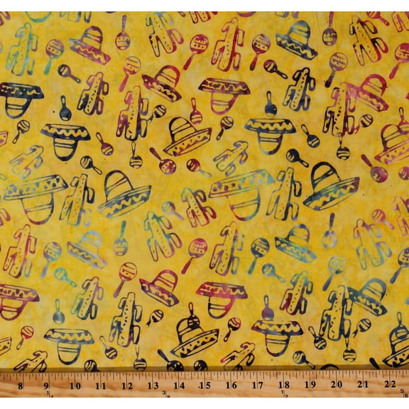 Cotton Batik Mexican Sombreros Hats Maracas Music Drums Yellow Cotton Fabric Print by the Yard (19303506683-4)
