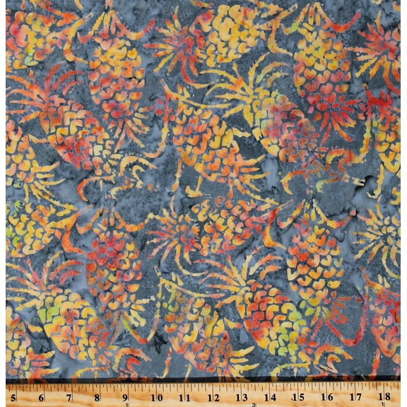 Cotton Batik Pineapples Evergreen Bali Hawaii Fruit Gray Cotton Batik Fabric Print by the Yard (09168-40)