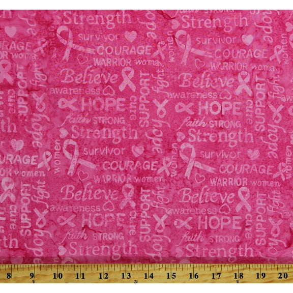 Cotton Batik Pink Ribbon Breast Cancer Awareness Words Stronger Together Hand-Dyed Bali Batik Cotton Fabric Print by the Yard (U2487-519-Hibiscus)