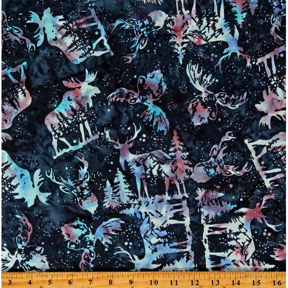 Cotton Batik Woodland Animals Elk Deer Moose Northwoods Moonstruck Navy Cotton Fabric Print by the Yard (W2569-529-MOONSTRUCK)