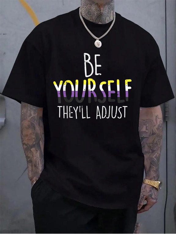 Cotton Be Yourself They'll Adjust LGBTQ Non-Binary Flag Genderqueer T-Shirt Men's Casual Short Sleeve Graphic Tee