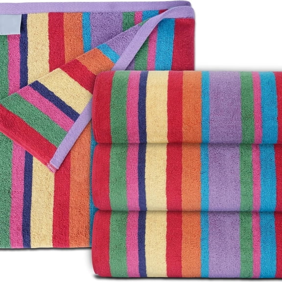 Cotton Beach Towels Oversized 30 x 60 Inches, Ultra Absorbent and Low Lint Striped Pool Towels for Adults, Unique Rainbow Design Luxury Extra Large Bath Towels, 4 Pack