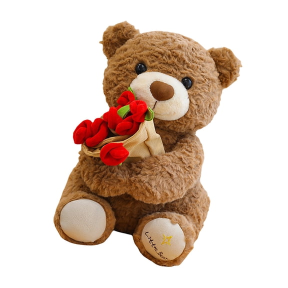 Cotton Bear Holding Rose Plush Doll Easy To Clean Decorative Stuffed For Bedroom Living Room