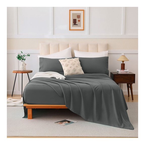 Cotton Bed Sheet Set - 4 Piece Cloud Soft Linen, Breathable & Skin-Friendly, Morandi Color, Fitted Sheet, Pillowcases, Quilt Cover