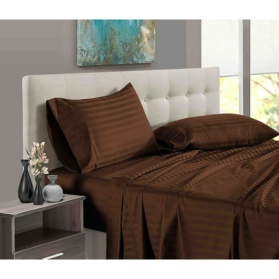 Cotton Bed Sheets Set 4 PC, Bedding Set 100% Cotton 400 Thread Count, Sateen, Bedding Sheets & Pillowcases with 16 Inch Deep Pocket on Mattress Chocolate Stripe - Full XL Size