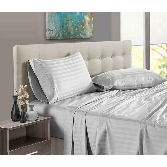 Cotton Bed Sheets Set 4 PC, Bedding Set 100% Cotton 400 Thread Count, Sateen, Bedding Sheets & Pillowcases with 6 Inch Deep Pocket on Mattress Light Grey Stripe - Queen Size