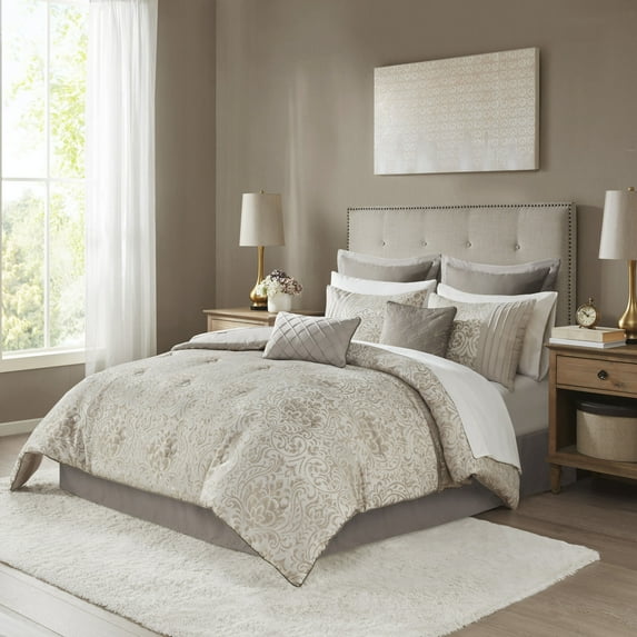 Cotton Bedding Set 12 Piece Jacquard Comforter Set with Bed Sheets Khaki King,Comforter Set