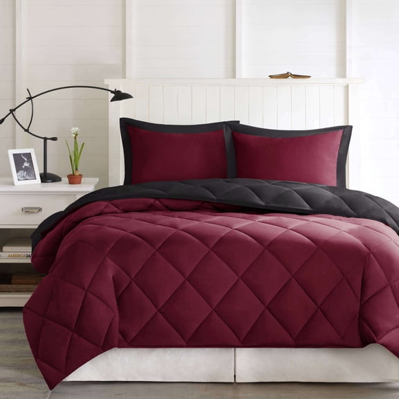 Cotton Bedding Set 2 Pieces Twin/Twin XL 3M Scotchgard Diamond Quilting Reversible Down Alternative Comforter Set,Red+Black,Comforter Set