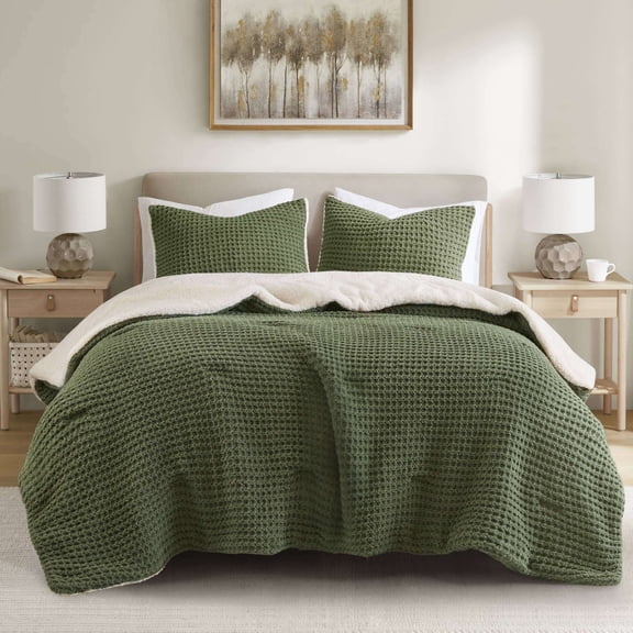 Cotton Bedding Set 2 Pieces Twin Waffle Knit Chenille Comforter Set,Olive,Comforter Set