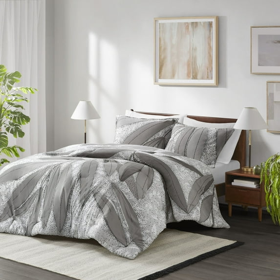 Cotton Bedding Set 3 PCS Full/Queen Botanical Cotton Comforter Set Gray,Bed In A Bag