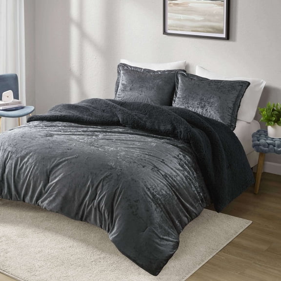 Cotton Bedding Set 3 PCS Full/Queen Crushed Velvet Sherpa Reversible Comforter Set Charcoal,Comforter Set
