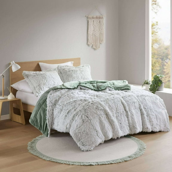 Cotton Bedding Set 3 PCS King/Cal King Shaggy Faux Fur Comforter Mini Set Green/White,Comforter Set
