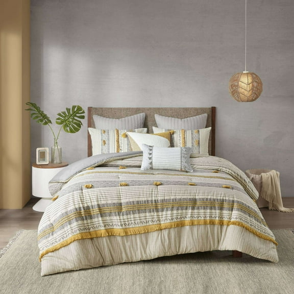 Cotton Bedding Set 3 Piece Cotton Comforter Set Gray/Yellow King/Cal King,Bed In A Bag