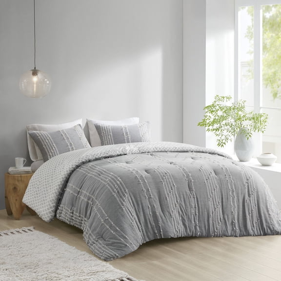 Cotton Bedding Set 3 Piece Cotton Jacquard Comforter Set Gray Full/Queen,Comforter Set