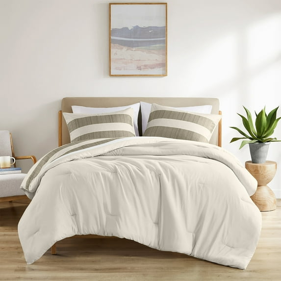 Cotton Bedding Set 3-Piece Full/Queen Stripe Textured Print Comforter Set,Neutral,Comforter Set