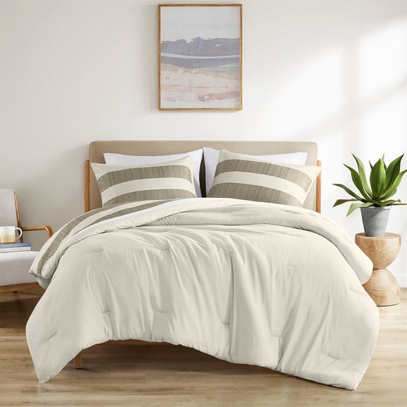 Cotton Bedding Set 3-Piece Full/Queen Stripe Textured Print Comforter Set,Neutral,Comforter Set