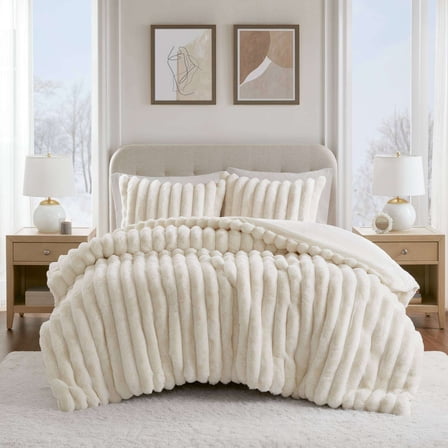 Cotton Bedding Set 3-Piece Full/Queen Ultrasoft Faux Fur Ribbed Comforter Set,Ivory,Comforter Set