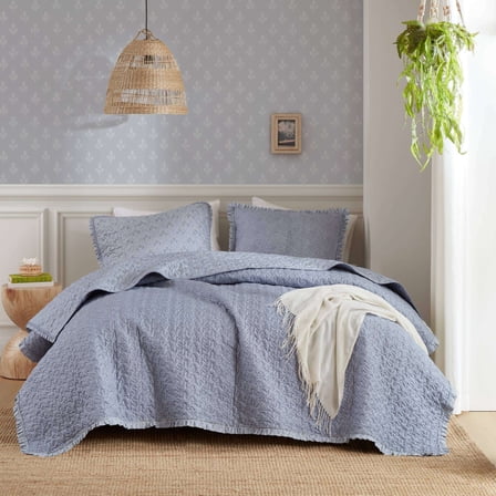 Cotton Bedding Set 3-Piece King/Cal King 3 Piece Ruffle Printed Quilt Set,Blue,Comforter Set