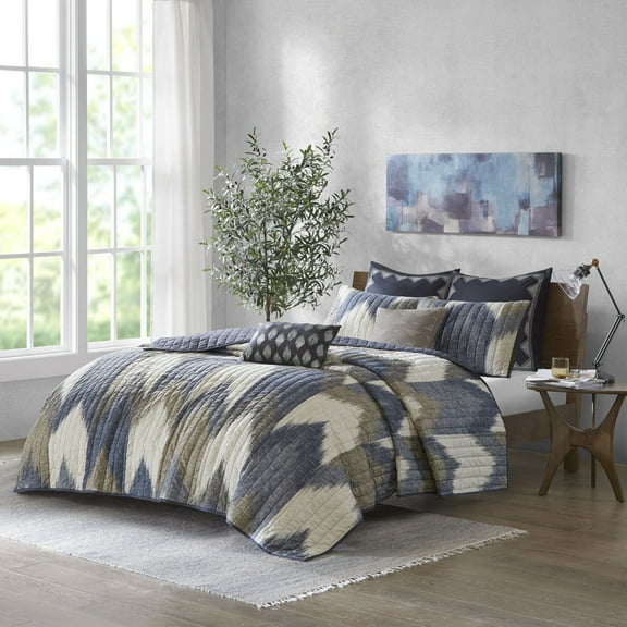 Cotton Bedding Set 3 Piece Printed Cotton Quilt Set Navy King/Cal King,Comforter Set