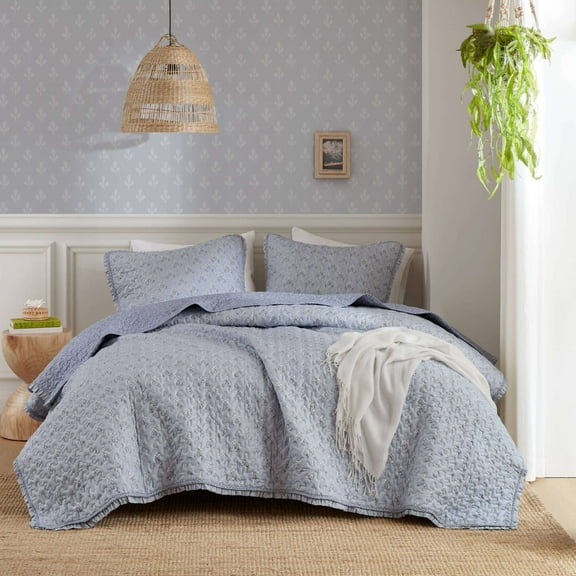 Cotton Bedding Set 3-Piece Queen 3 Piece Ruffle Printed Quilt Set,Blue,Comforter Set