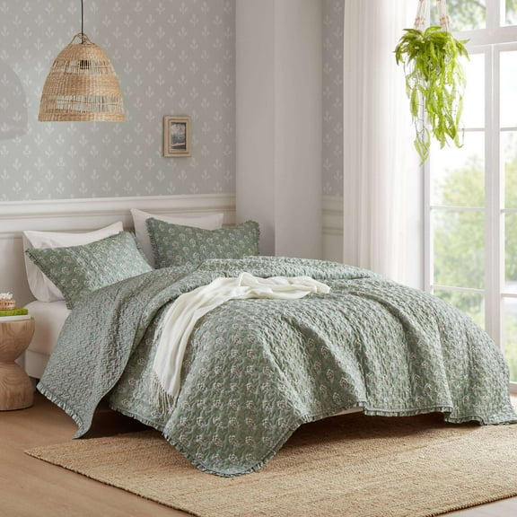 Cotton Bedding Set 3-Piece Queen 3 Piece Ruffle Printed Quilt Set,Sage Green,Comforter Set