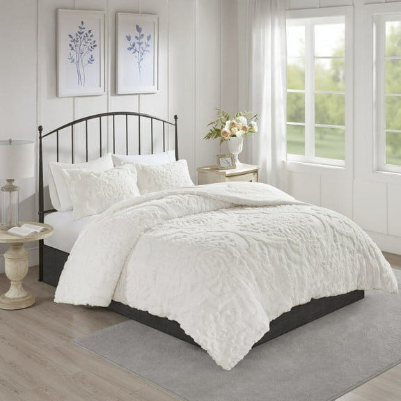 Cotton Bedding Set 3 Piece Tufted Cotton Chenille Damask Comforter Set Off-White Full/Queen,Comforter Set