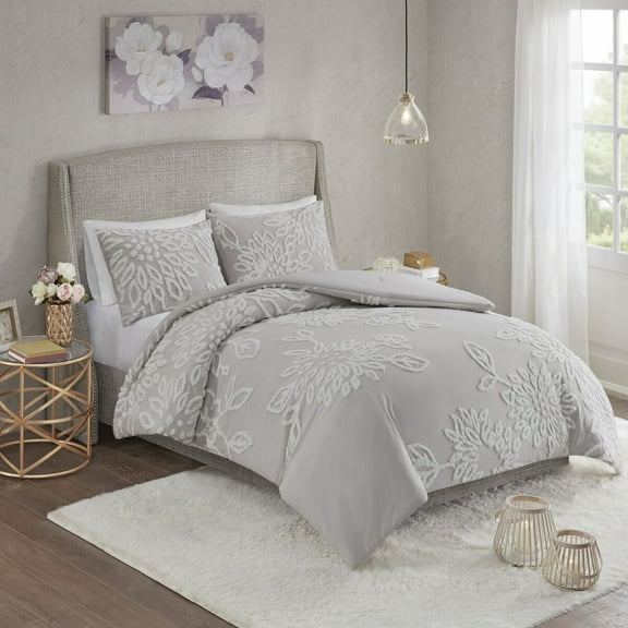 Cotton Bedding Set 3 Piece Tufted Cotton Chenille Floral Comforter Set Warm Grey/White Full/Queen,Bed In A Bag