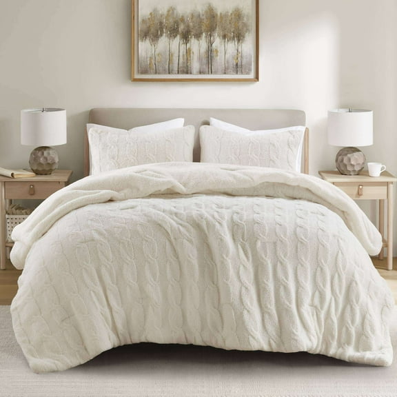 Cotton Bedding Set 3 Pieces Full/Queen Cable Knit Chenille Comforter Set,Ivory,Comforter Set