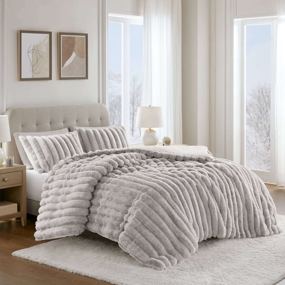 Cotton Bedding Set 3 Pieces Full/Queen Ultrasoft Faux Fur Ribbed Comforter Set,Light Gray,Comforter Set
