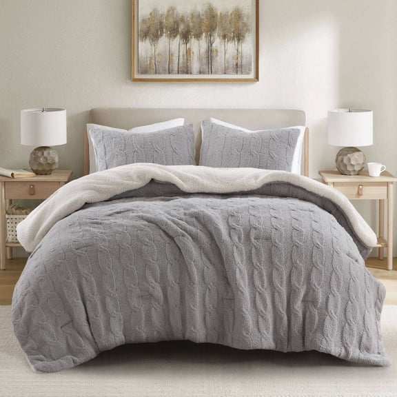 Cotton Bedding Set 3 Pieces King/Cal King Cable Knit Chenille Comforter Set,Gray,Comforter Set