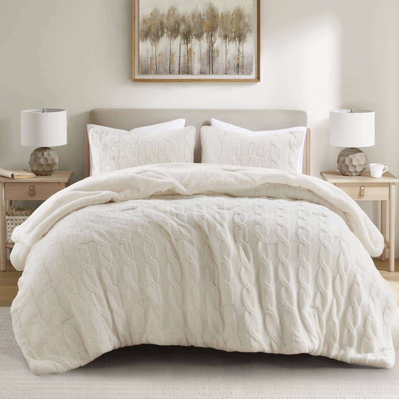 Cotton Bedding Set 3 Pieces King/Cal King Cable Knit Chenille Comforter Set,Ivory,Comforter Set