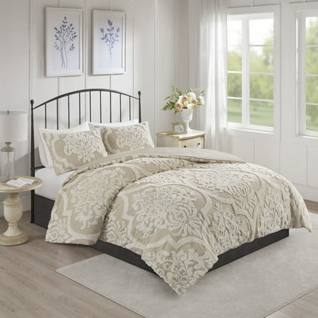 Cotton Bedding Set 3 piece Tufted Cotton Chenille Damask Comforter Set Taupe Full/Queen,Comforter Set