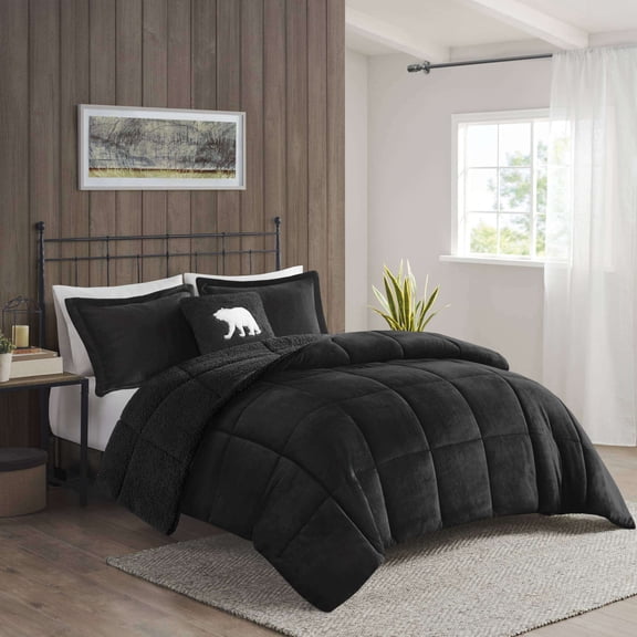 Cotton Bedding Set 4-Piece Full/Queen Plush to Sherpa Down Alternative Comforter Set,Black/Black,Comforter Set