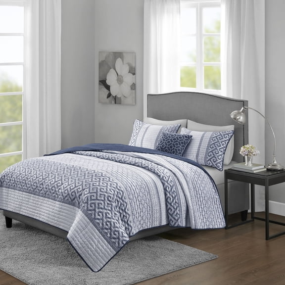 Cotton Bedding Set 4 Piece Jacquard Quilt Set with Throw Pillow Navy Full/Queen,Comforter Set